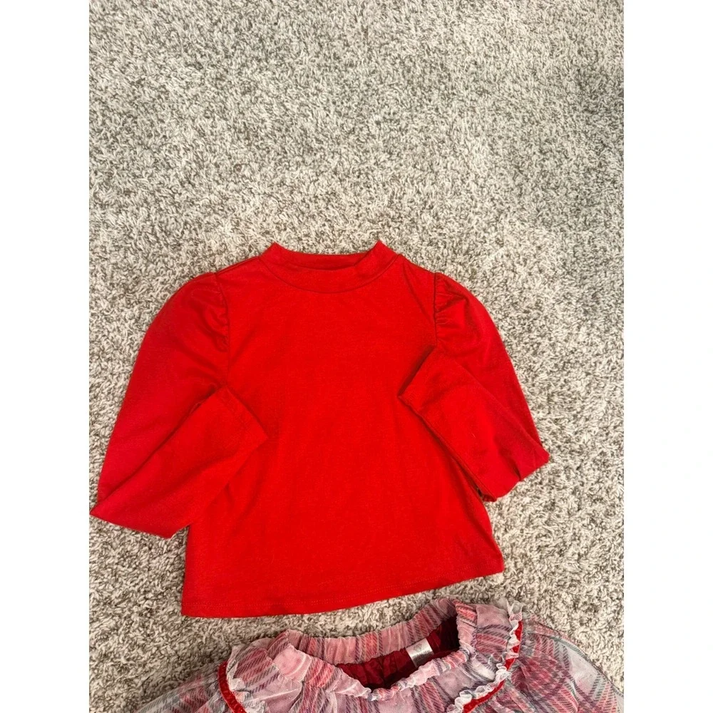 Tahari Girls Red Mock Neck Top and Plaid Mesh Tulle Skirt Set Size M 7/8 Holiday